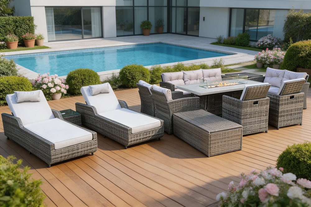 HomeRoots Twelve Piece Gray Wicker Multiple Chairs Seating Group with Fire Pit and Table