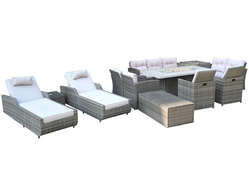 HomeRoots Twelve Piece Gray Wicker Multiple Chairs Seating Group with Fire Pit and Table