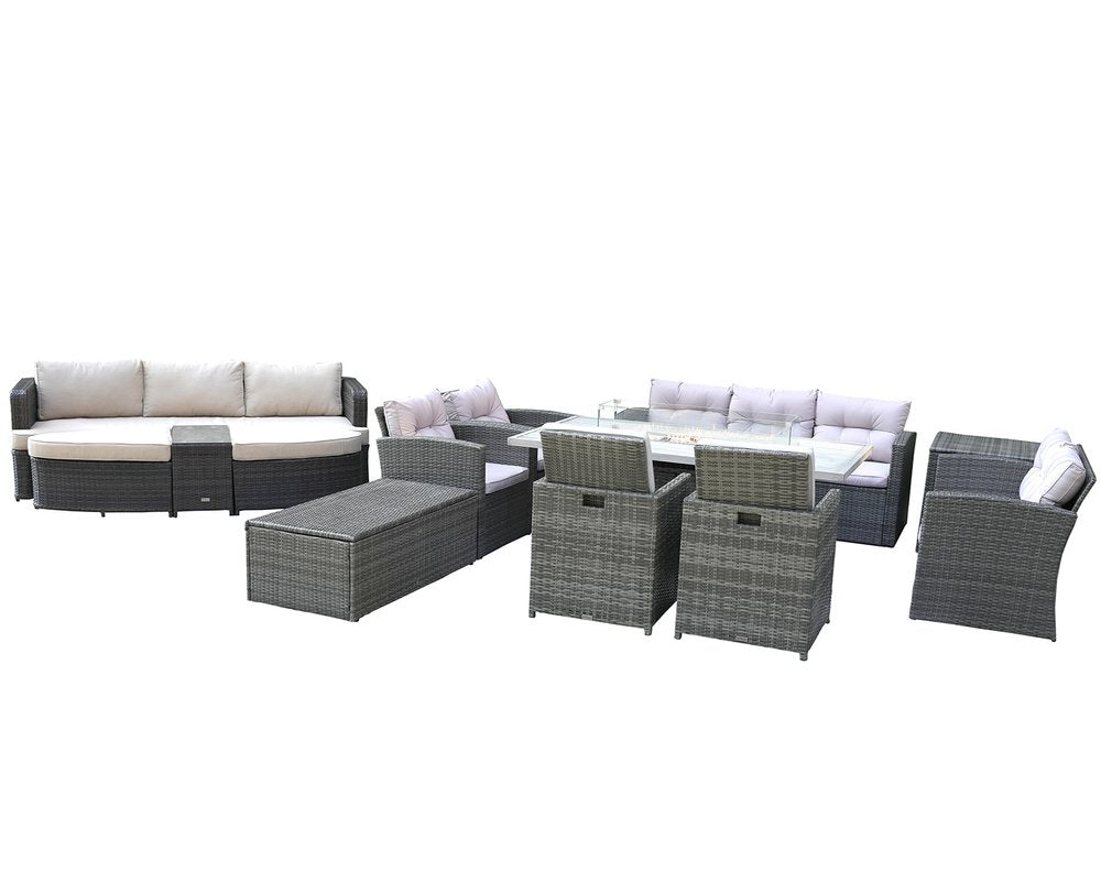 HomeRoots Eleven Piece Gray Wicker Multiple Chairs Seating Group with Fire Pit and Table