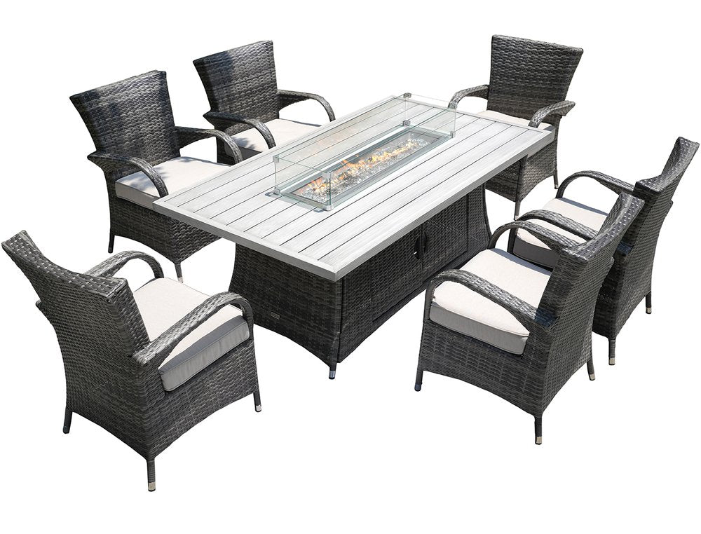 HomeRoots Seven Piece Gray and Beige Wicker Multiple Chairs Seating Group with Fire Pit and Table