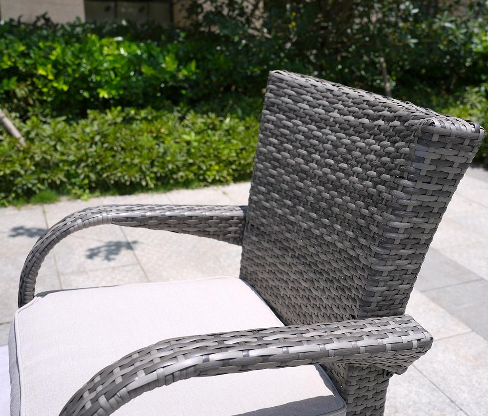 Seven Piece Gray and Beige Wicker Multiple Chairs Seating Group With Fire Pit And Table