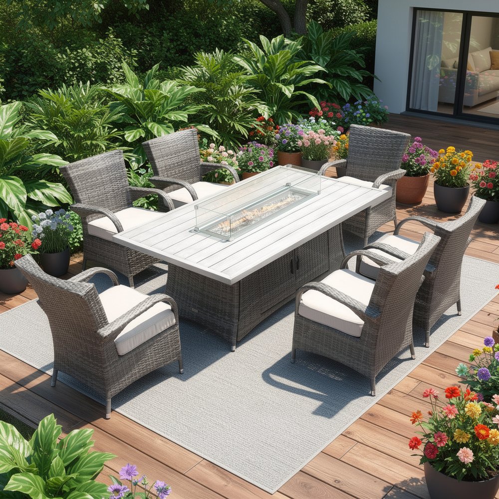 HomeRoots Seven Piece Gray and Beige Wicker Multiple Chairs Seating Group with Fire Pit and Table
