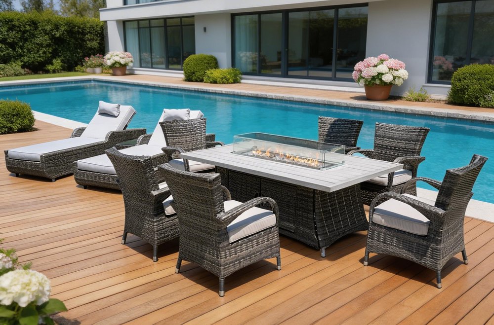 HomeRoots Ten Piece Gray Wicker Multiple Chairs Seating Group with Fire Pit and Table