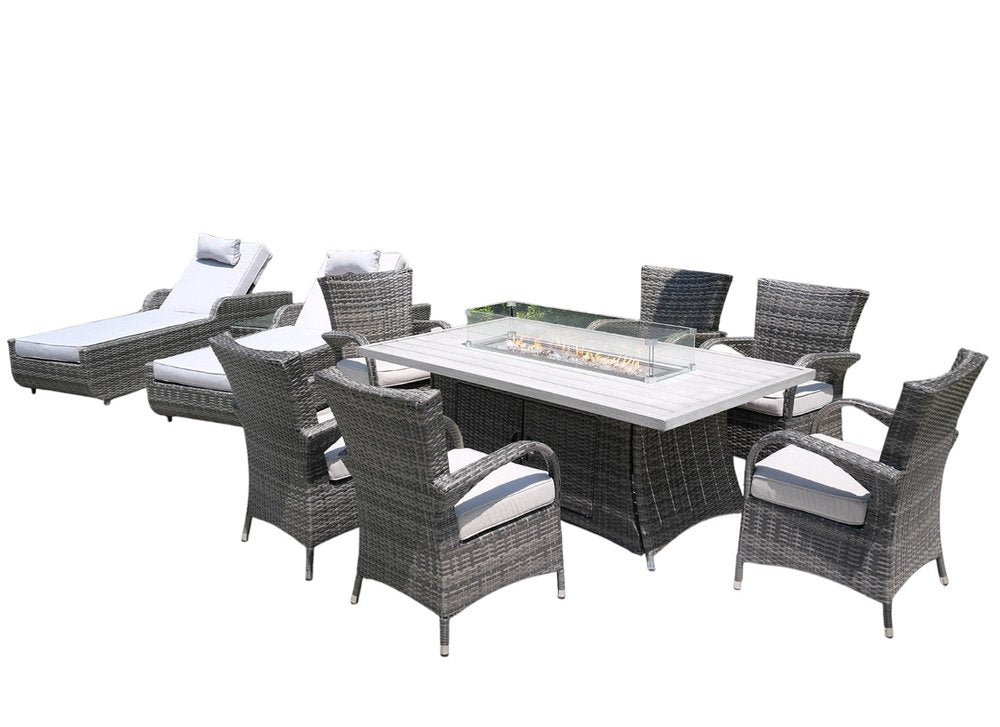 HomeRoots Ten Piece Gray Wicker Multiple Chairs Seating Group with Fire Pit and Table