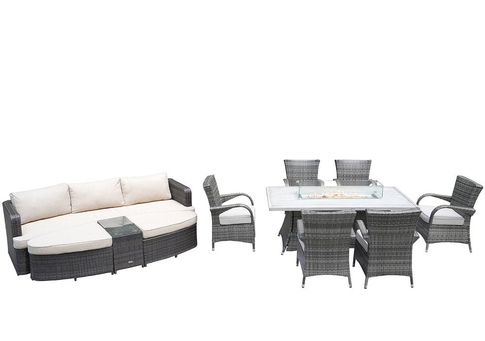 HomeRoots Nine Piece Gray Wicker Multiple Chairs Seating Group with Fire Pit and Table