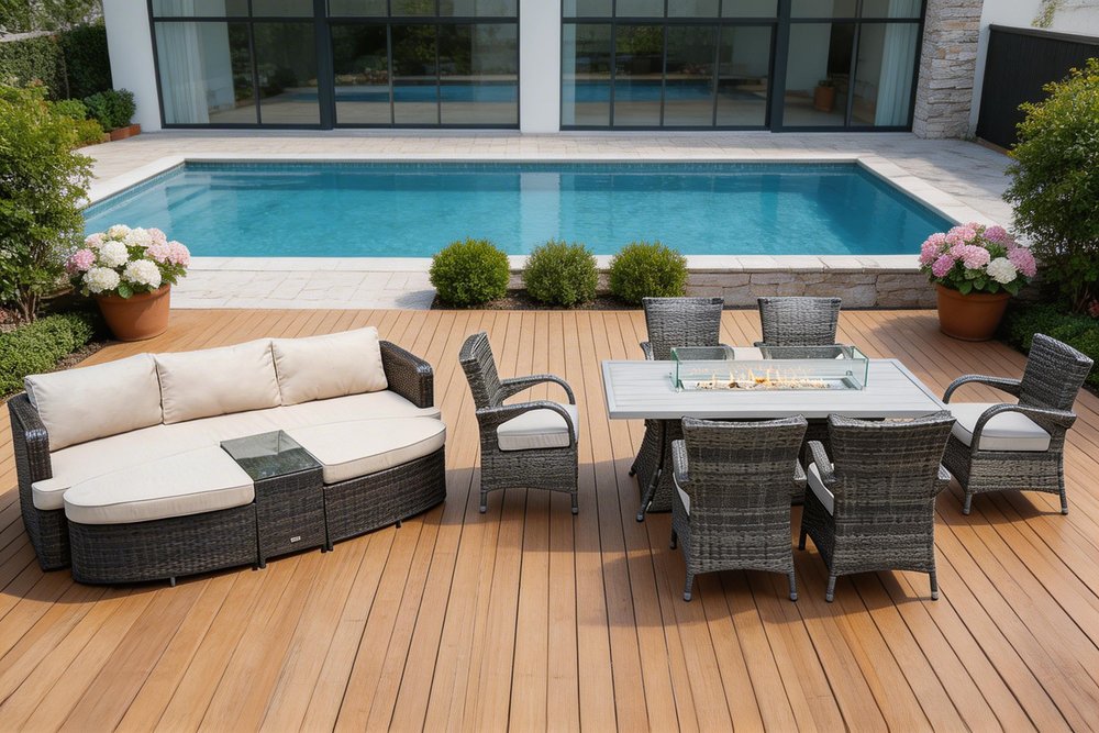 HomeRoots Nine Piece Gray Wicker Multiple Chairs Seating Group with Fire Pit and Table