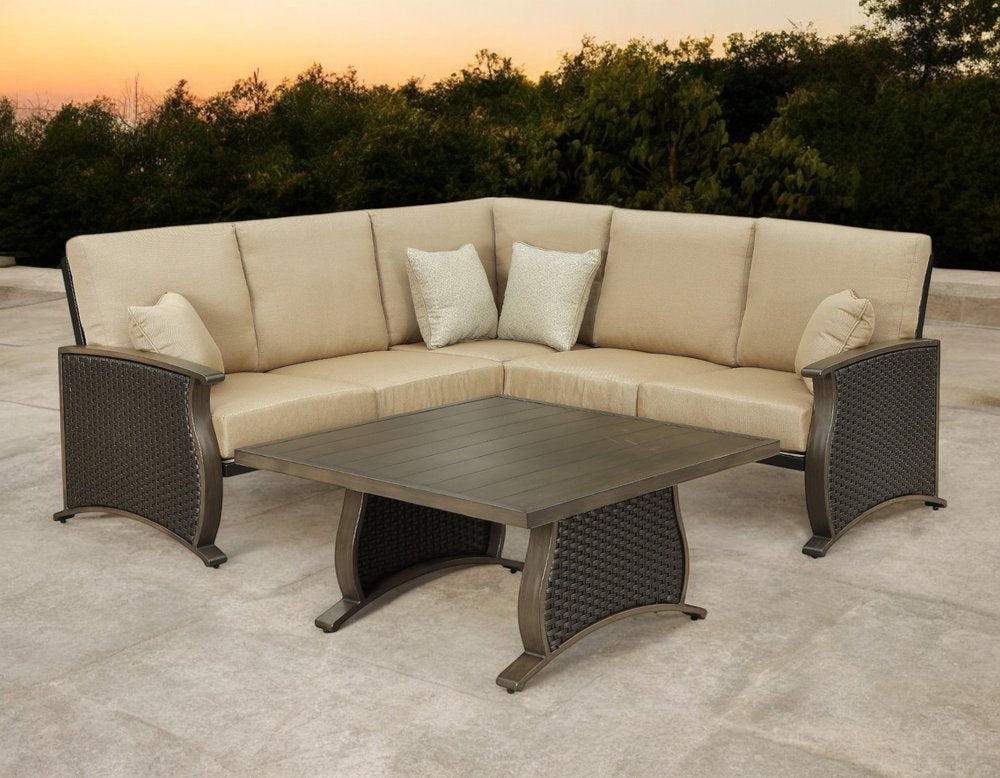 HomeRoots Two Piece Brown and Tan Metal Sectional Seating Group with Table