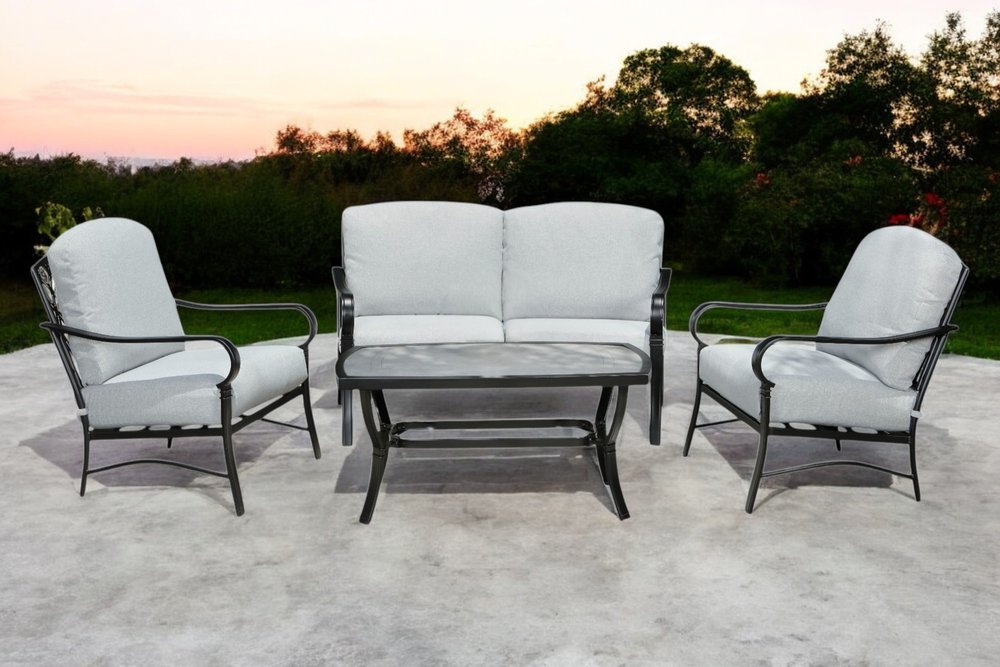 HomeRoots Four Piece Black and Light Gray Metal Outdoor Patio Set with Table