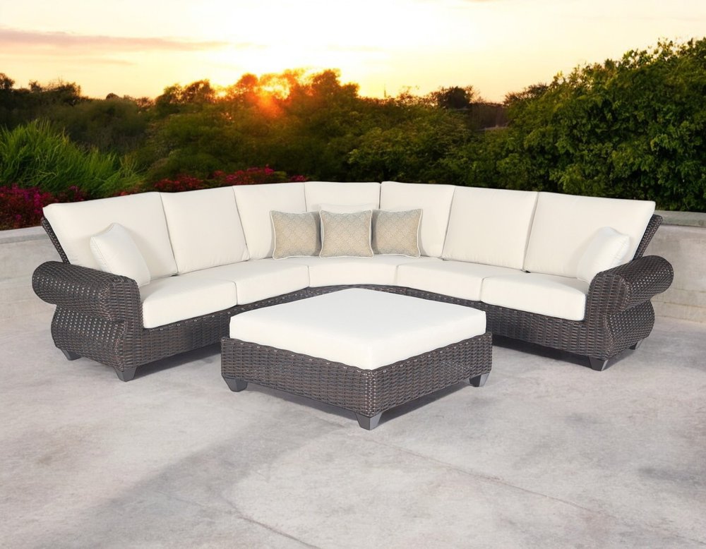 HomeRoots Four Piece Brown and White Wicker Sectional Seating Group