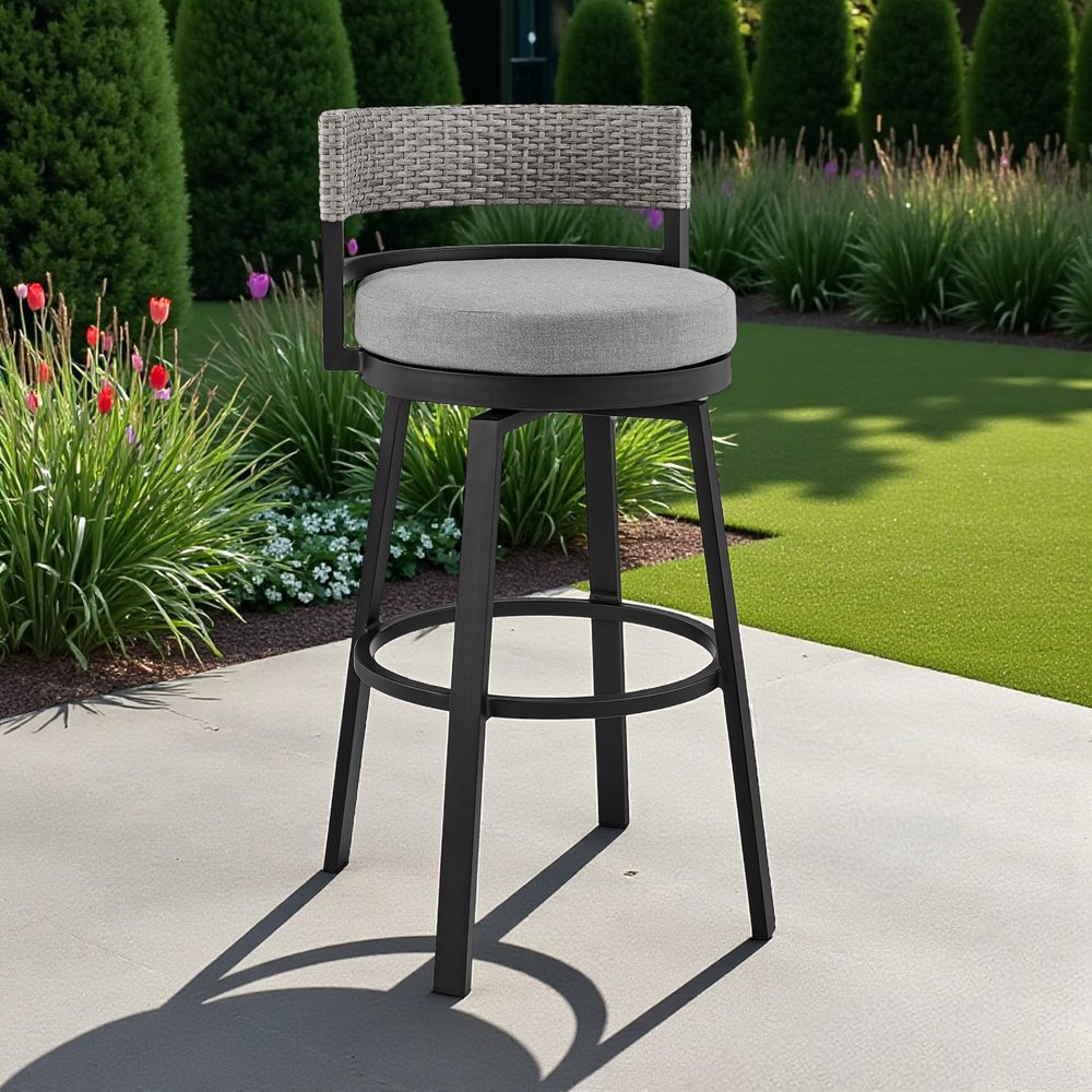 HomeRoots 33-inch light gray metal swivel bar height chair with footrest - hero