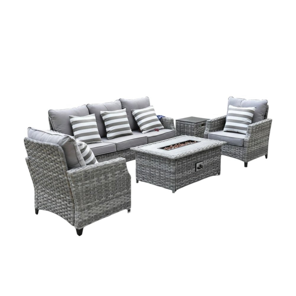 HomeRoots Five Piece Gray Rattan Sofa Seating Group with Fire Pit and Table
