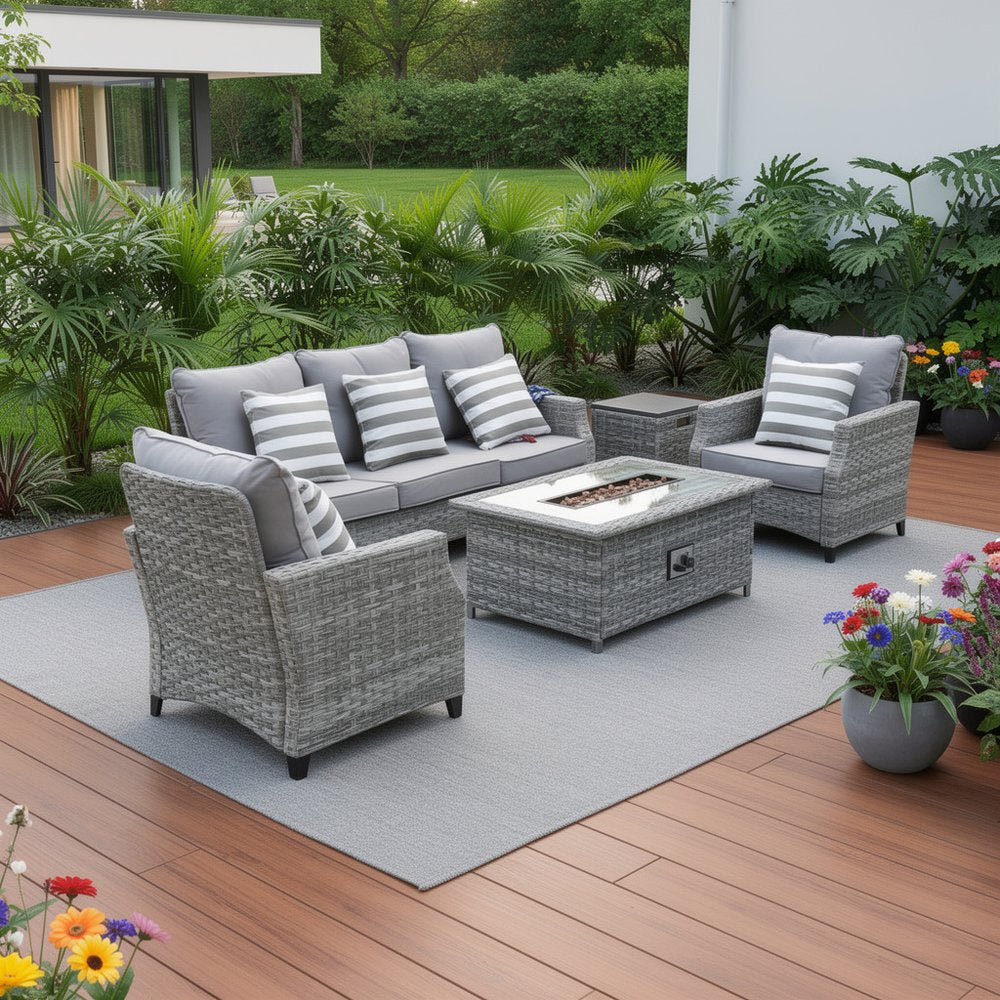 HomeRoots Five Piece Gray Rattan Sofa Seating Group with Fire Pit and Table