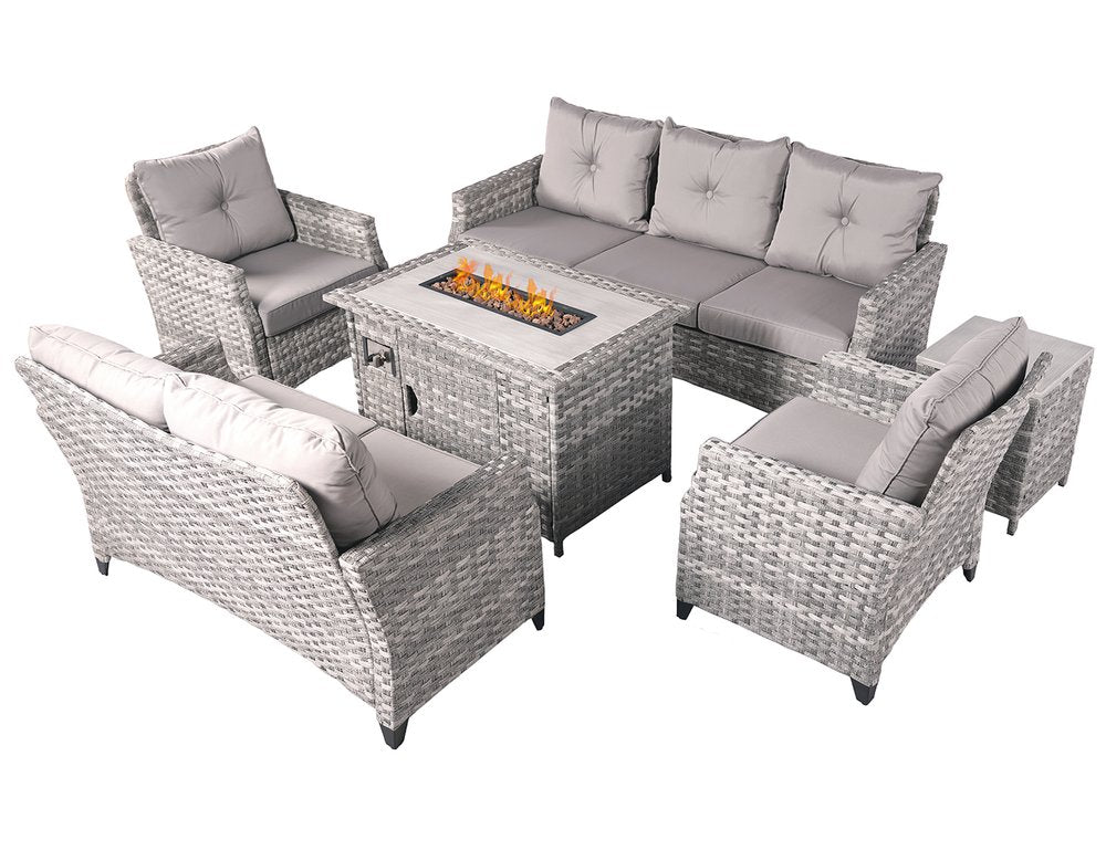 HomeRoots Six Piece Gray Rattan Sofa Seating Group with Fire Pit and Table