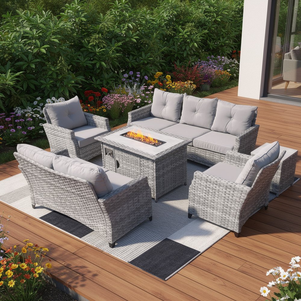 HomeRoots Six Piece Gray Rattan Sofa Seating Group with Fire Pit and Table