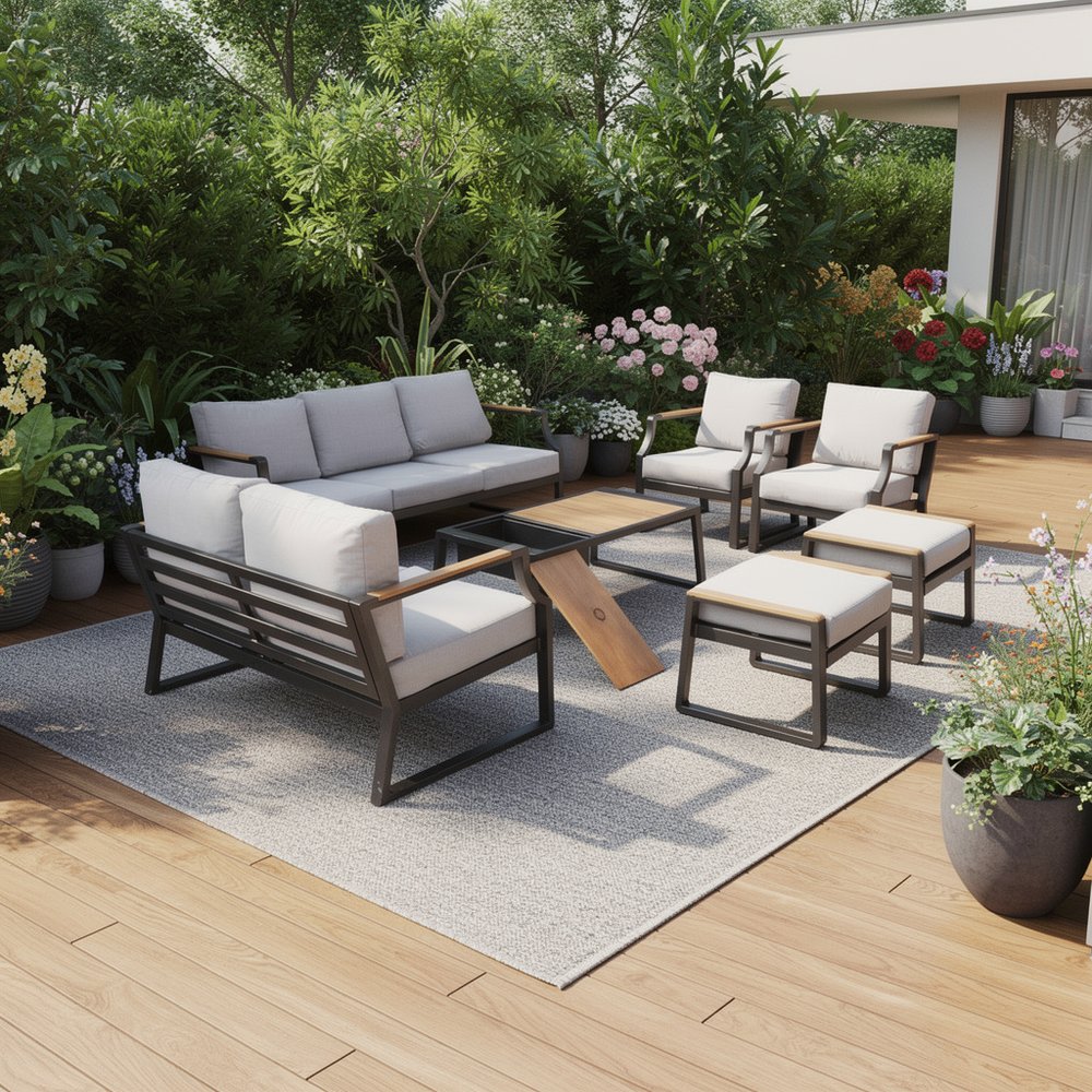 HomeRoots Seven Piece Black Metal Sofa Seating Group with Table