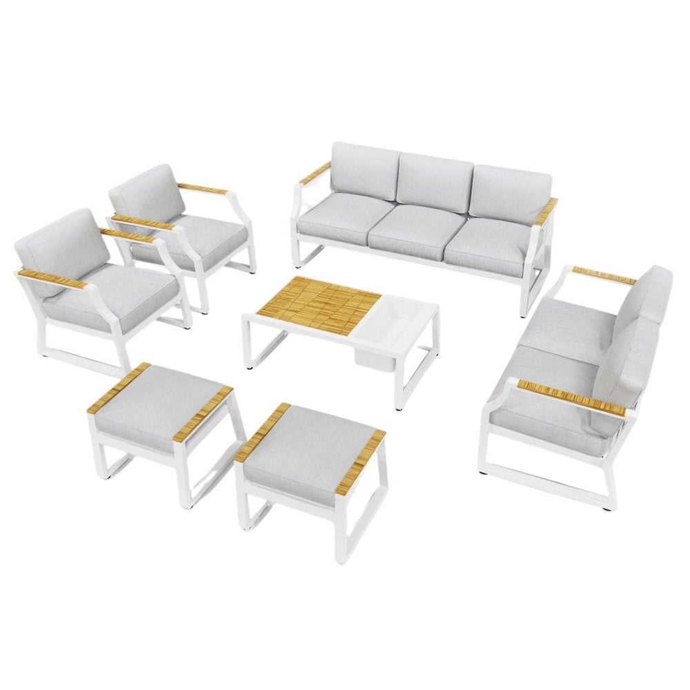 Seven Piece White Metal Sofa Seating Group With Table
