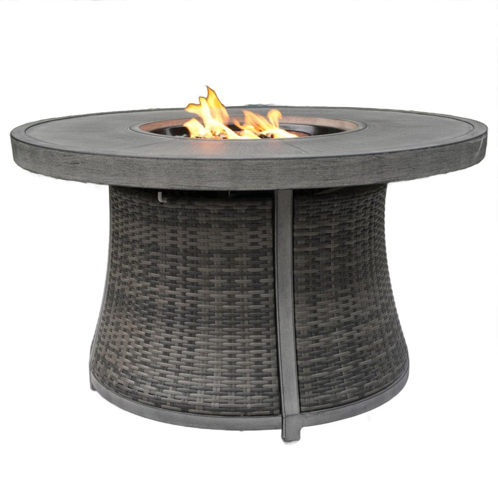 HomeRoots 50000 BTU 42-inch Gray Aluminum And Rattan Propane Round Fire Pit Table — alternate angle