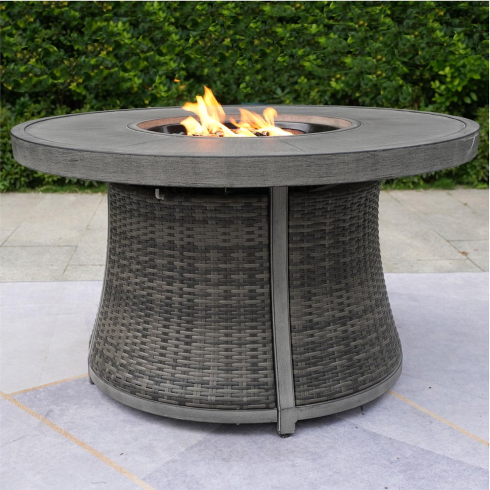 HomeRoots 50000 BTU 42-inch Gray Aluminum And Rattan Propane Round Fire Pit Table — main view
