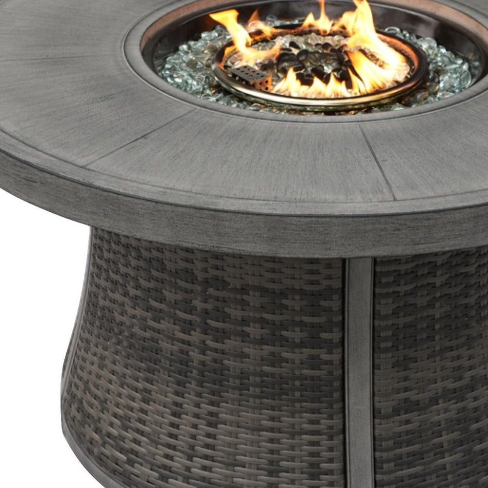 HomeRoots 50000 BTU 42-inch Gray Aluminum And Rattan Propane Round Fire Pit Table — side profile view