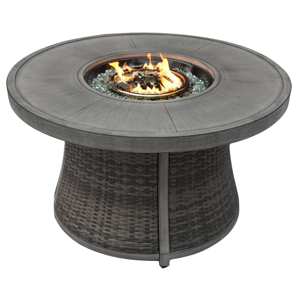 HomeRoots 50000 BTU 42-inch Gray Aluminum And Rattan Propane Round Fire Pit Table — detail view