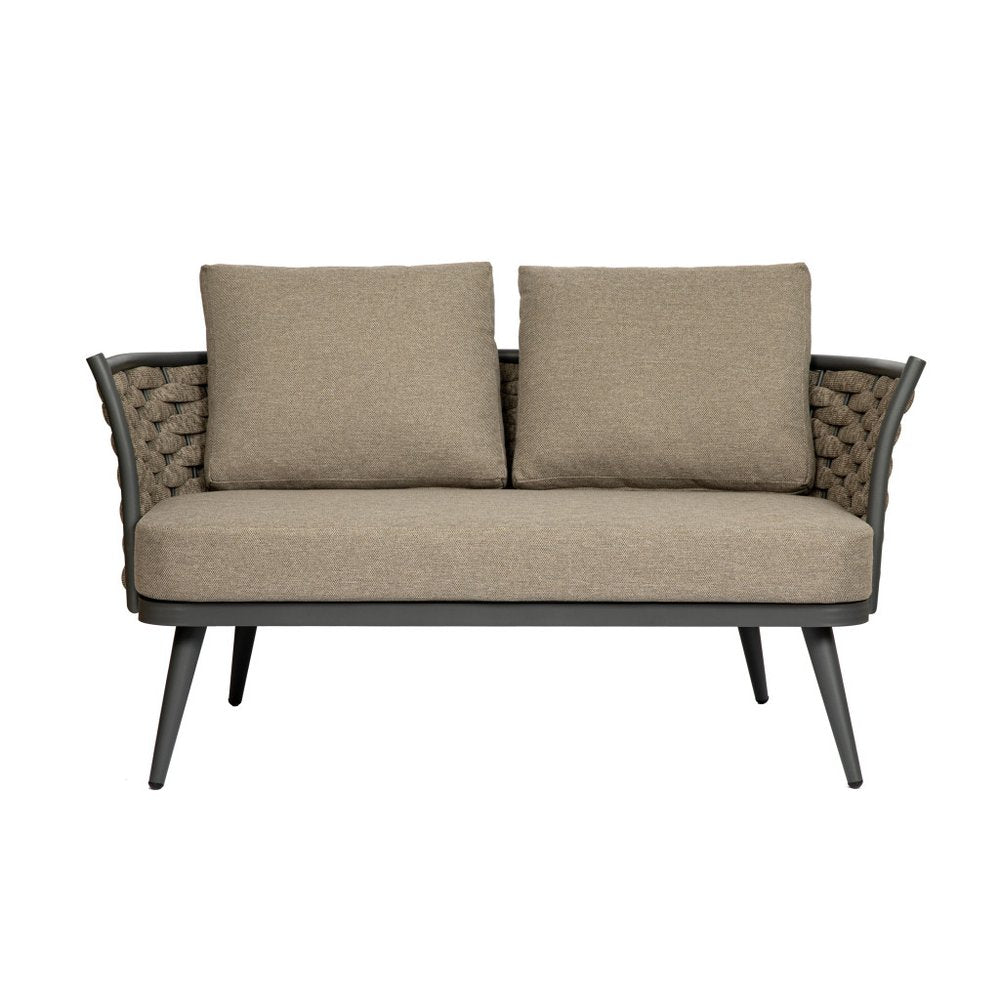 HomeRoots 56" Dark Gray Aluminum Outdoor Love Seat with Taupe Cushions
