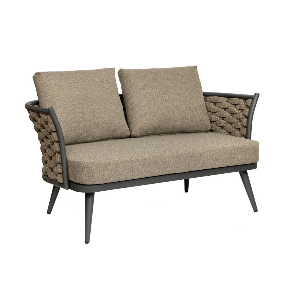 HomeRoots 56" Dark Gray Aluminum Outdoor Love Seat with Taupe Cushions