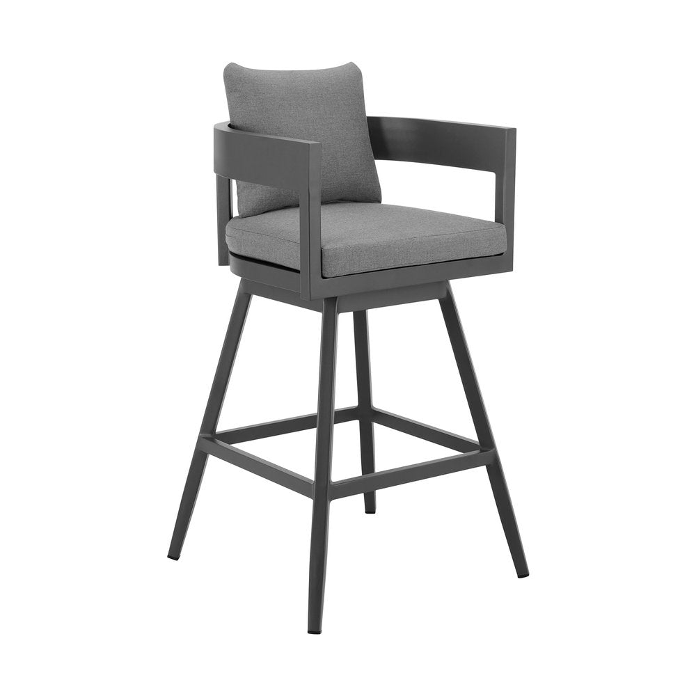 HomeRoots 34" Dark Gray Metal Swivel Low Back Outdoor Counter Height Bar Chair with Footrest
