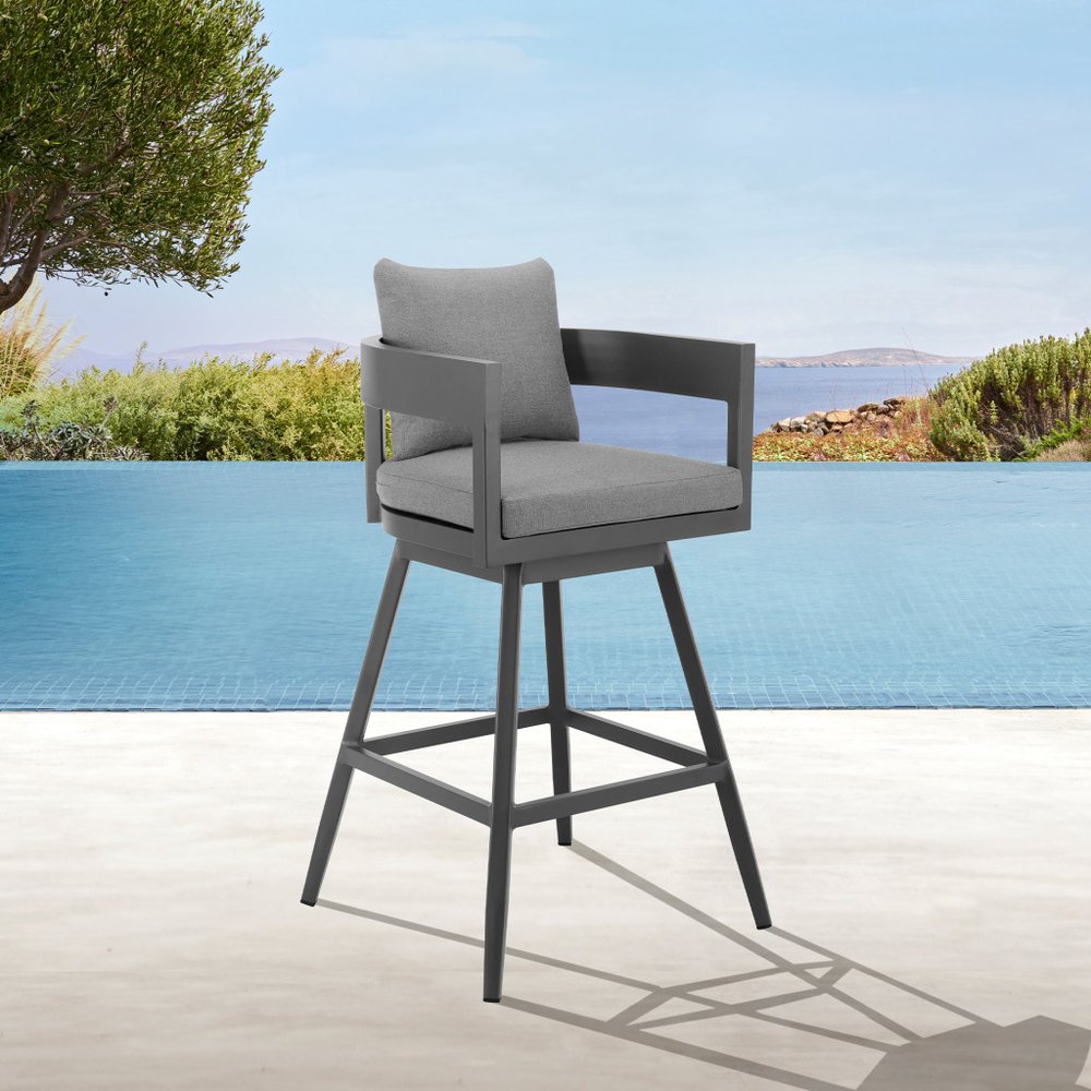 HomeRoots 34" Dark Gray Metal Swivel Low Back Outdoor Counter Height Bar Chair with Footrest