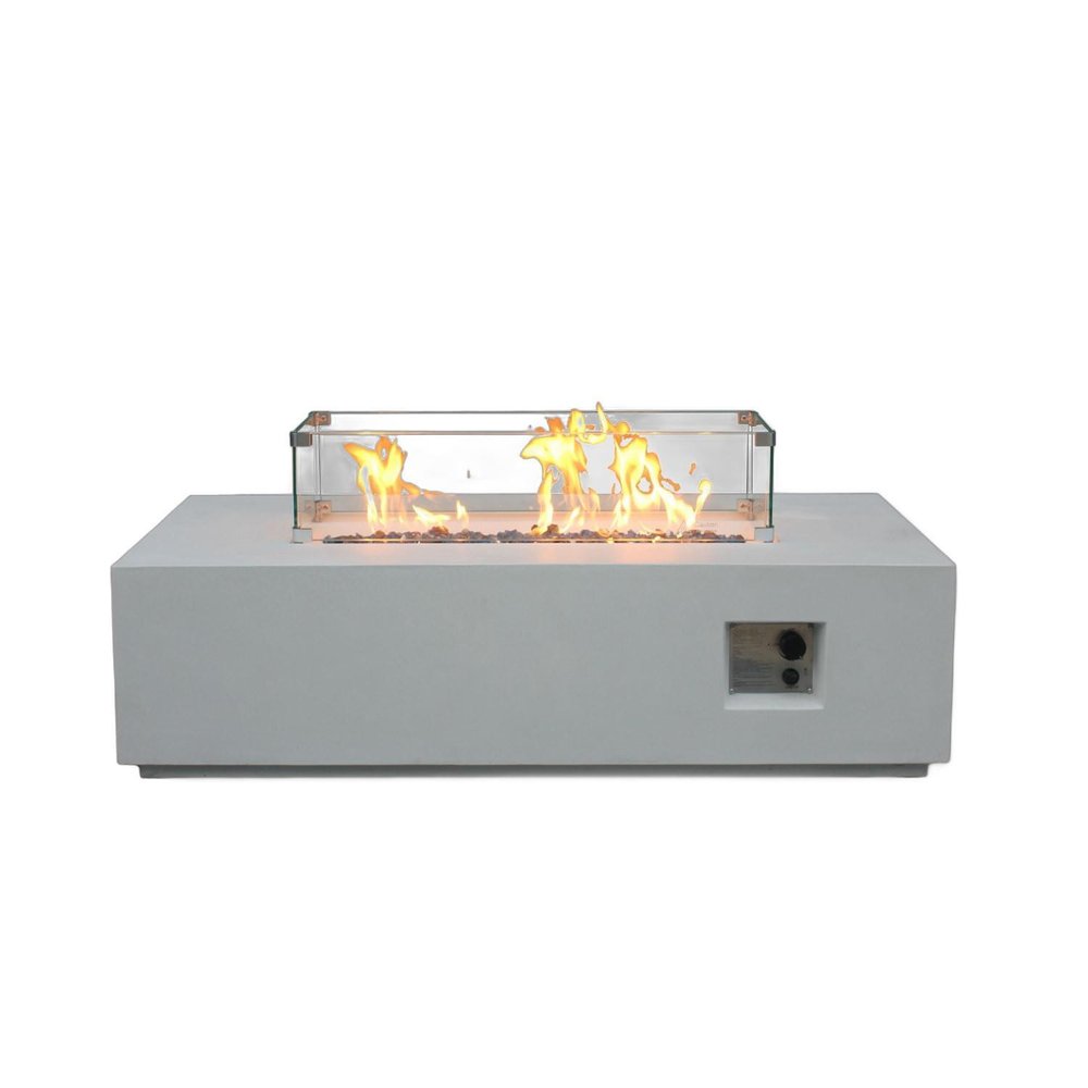 HomeRoots 65000 BTU 52" Antiqued White Concrete Propane Rectangular Fire Pit With Cover