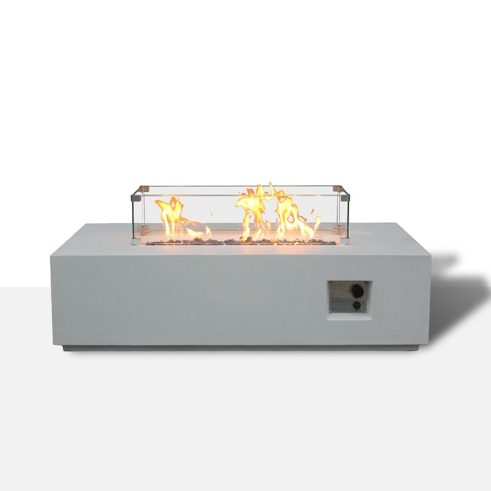 HomeRoots 65000 BTU 52" Antiqued White Concrete Propane Rectangular Fire Pit With Cover