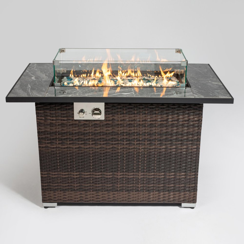 50000 BTU 43" Brown Wicker Propane Rectangular Fire Pit With Cover