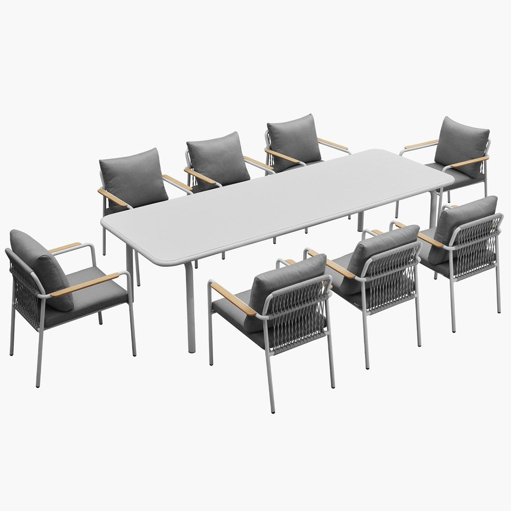 Nine Piece White Metal Dining Set with Eight Chairs