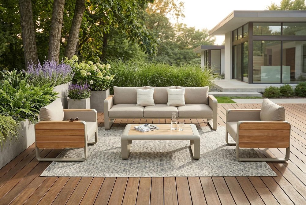 HomeRoots Four Piece Almond Metal Outdoor Patio Set with Table