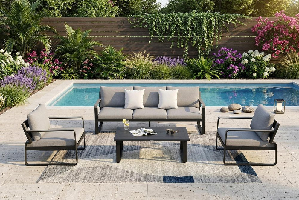 HomeRoots Four Piece Black Metal Outdoor Patio Set with Table