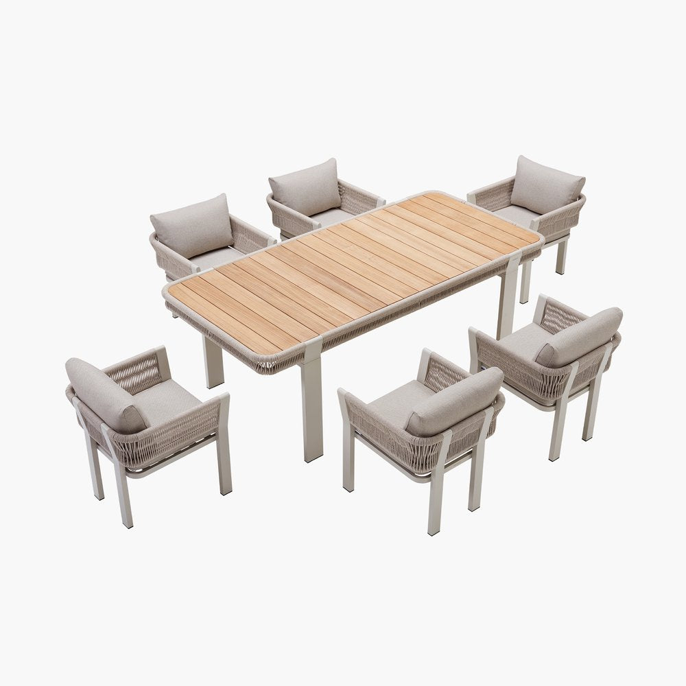 Seven Piece Light Brown and Beige Solid Wood Dining Set with Six Chairs