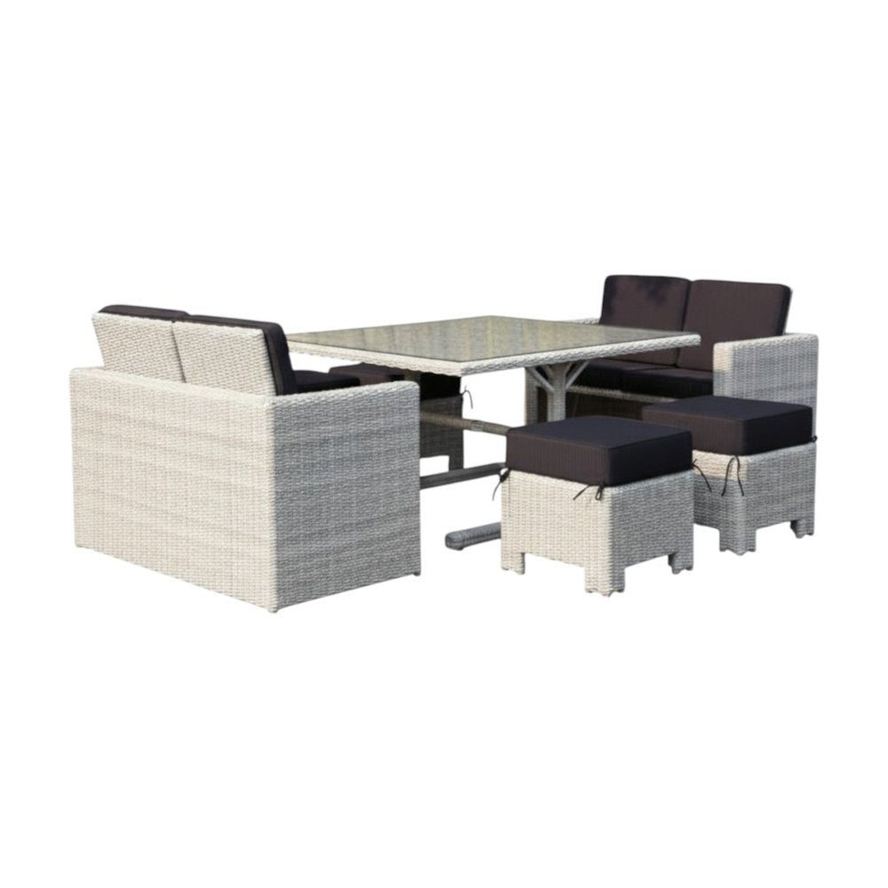 Seven Piece White and Dark Gray Wicker Upholstered Cushions Outdoor Patio Set With Table