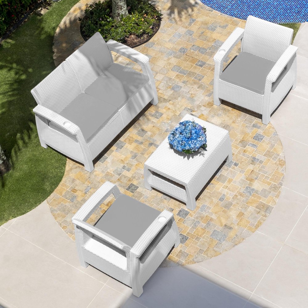 Four Piece White and Beige Plastic Upholstered Cushions Outdoor Patio Set With Table