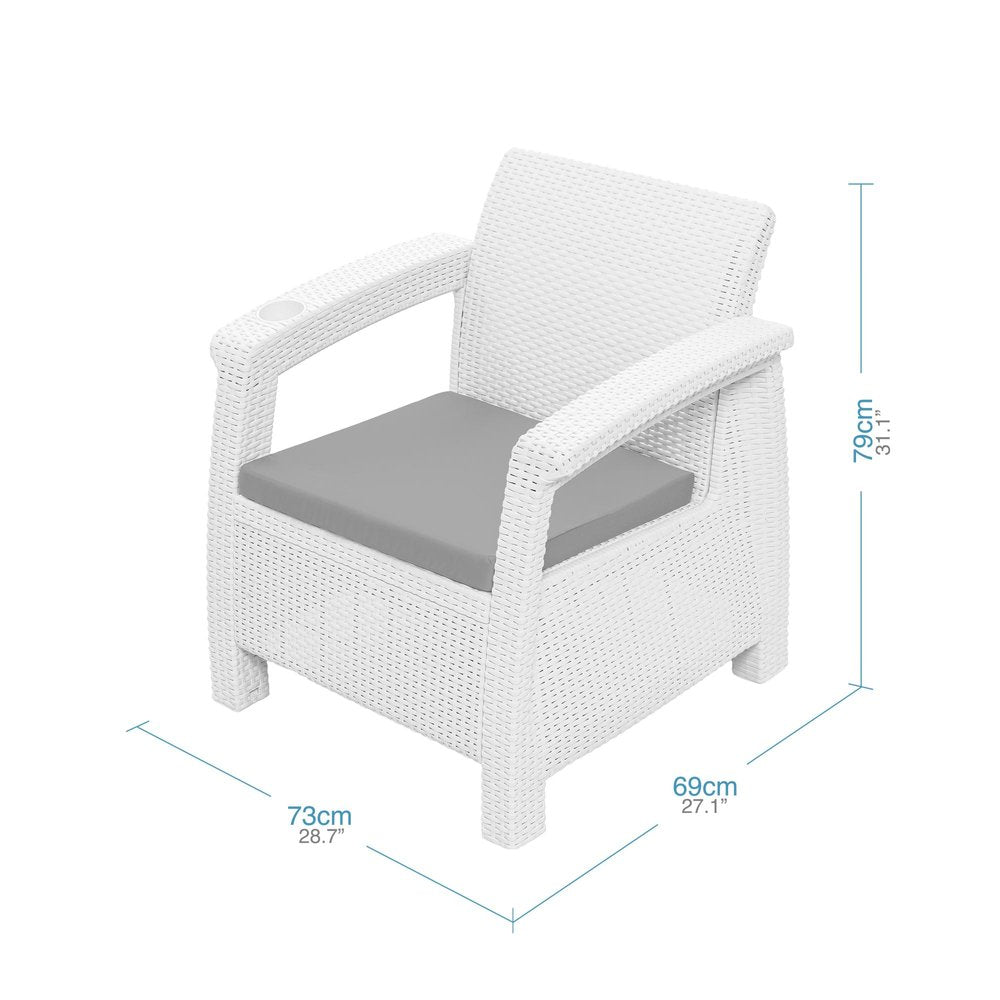 Four Piece White and Beige Plastic Upholstered Cushions Outdoor Patio Set With Table