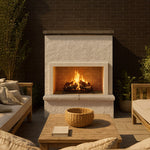 Cal Flame Monterey FRP-901-2 Patio Series outdoor gas fireplace installed on premium backyard patio with stucco bedrock finish
