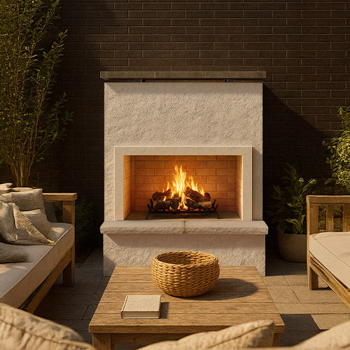 Cal Flame Monterey FRP-901-2 Patio Series outdoor gas fireplace installed on premium backyard patio with stucco bedrock finish