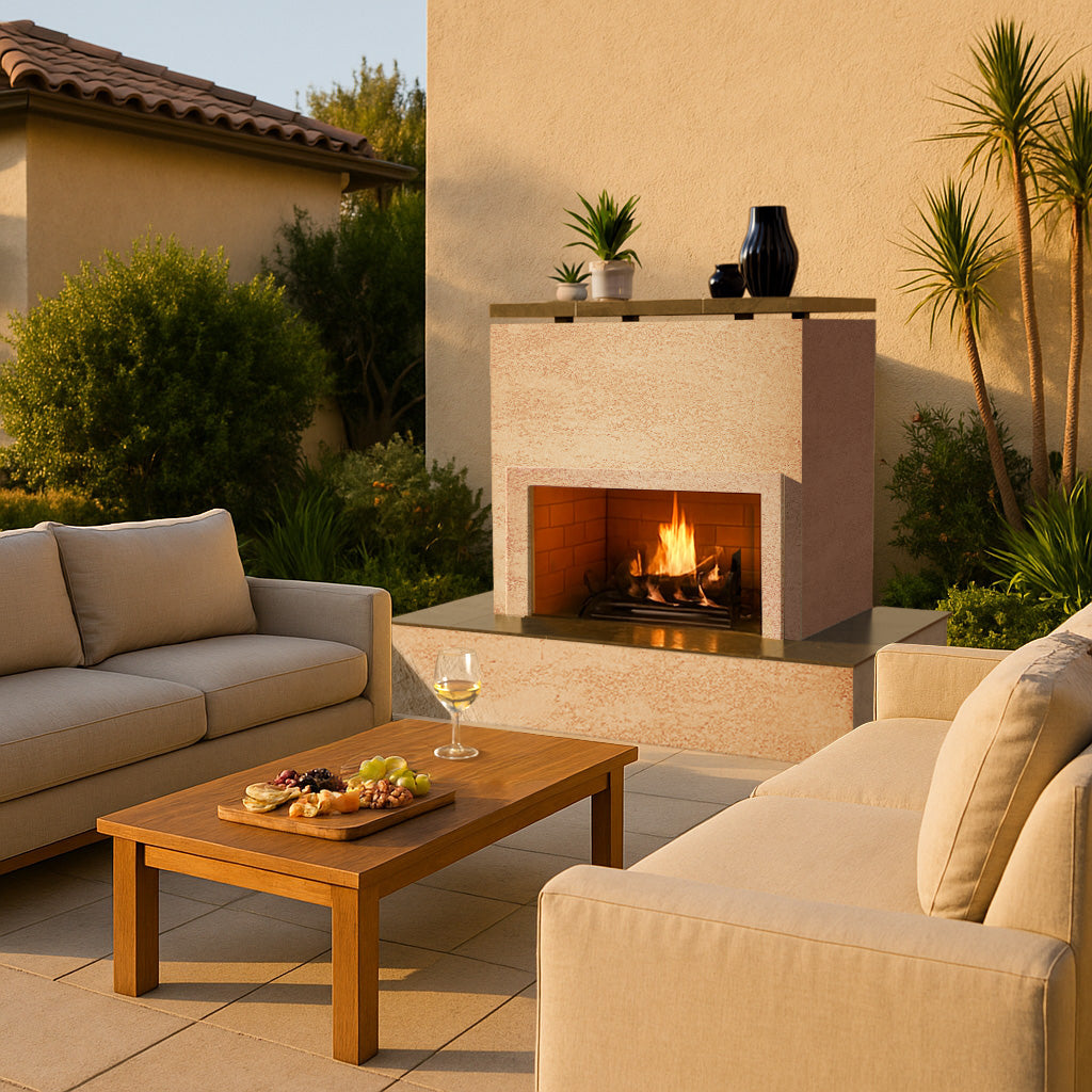 Cal Flame Sahara FRP-901-3 Patio Series 72-inch widebody outdoor gas fireplace with wrap-around mantel in mocha stucco finish