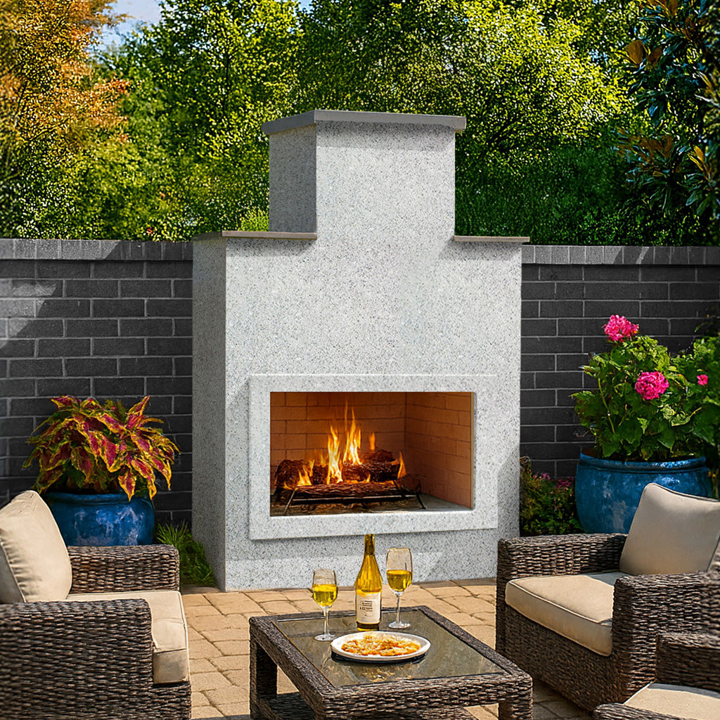 Cal Flame Indio FRP-903-1 Escape Series compact-depth outdoor gas fireplace with ameristone stucco finish