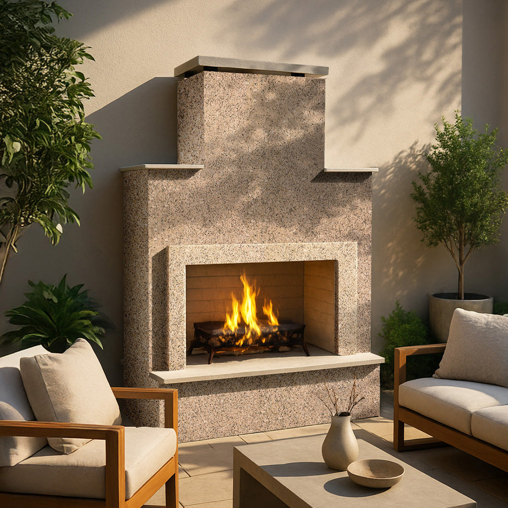 Cal Flame Cancun FRP-903-2 Escape Series 48-inch outdoor gas fireplace with extended bottom mantel in stoney creek stucco finish