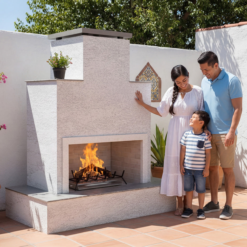Cal Flame Tahiti FRP-903-3 Escape Series 72-inch widebody outdoor gas fireplace with wrap-around bottom mantel in pearl haze stucco