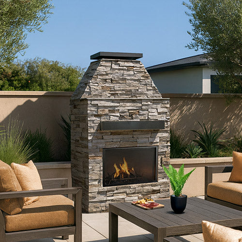 Cal Flame Ladero Platinum Series outdoor gas fireplace with brick mantel on architectural patio