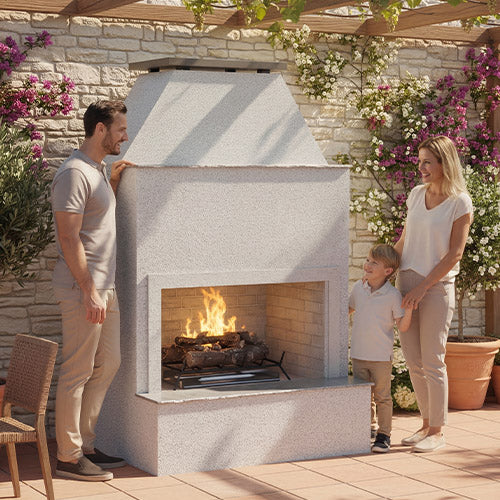 Cal Flame Durango FRP-905-2 Platinum Series outdoor gas fireplace with extended bottom mantel brick finish with screen door