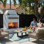 Cal Flame Key West FRP-905-3 Platinum Series flagship outdoor gas fireplace with wrap-around mantel brick bedrock finish and screen