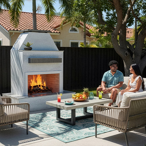 Cal Flame Key West FRP-905-3 Platinum Series flagship outdoor gas fireplace with wrap-around mantel brick bedrock finish and screen