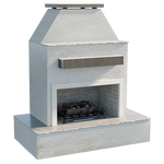 Cal Flame Key West FRP-905-3 outdoor gas fireplace front angle view with stucco finish, tile trim and wrap-around mantel