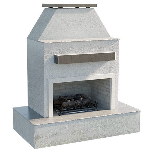 Cal Flame Key West FRP-905-3 outdoor gas fireplace front angle view with stucco finish, tile trim and wrap-around mantel